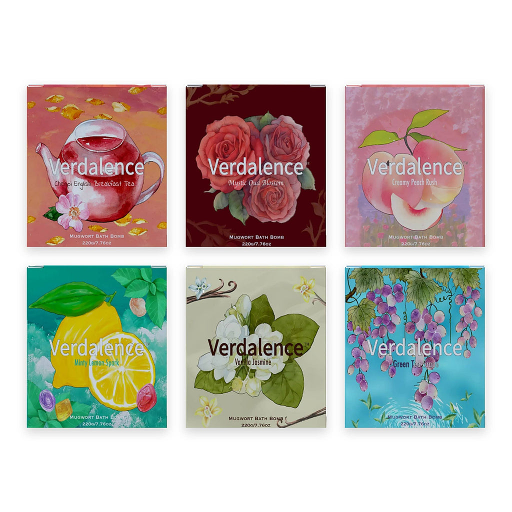 Verdalence mugwort bath bombs in six scents, front of each gift box