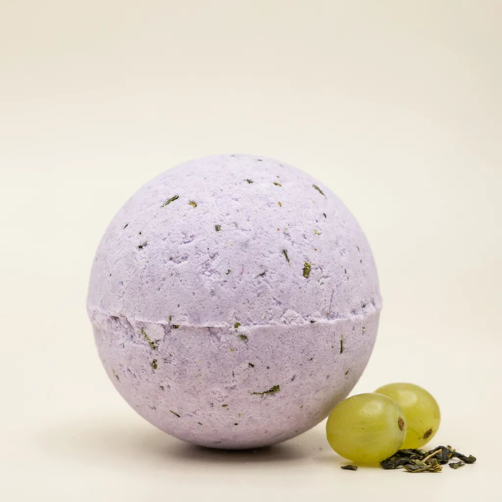 Green Tea Grape mugwort bath bomb, lilac with green tea flecks