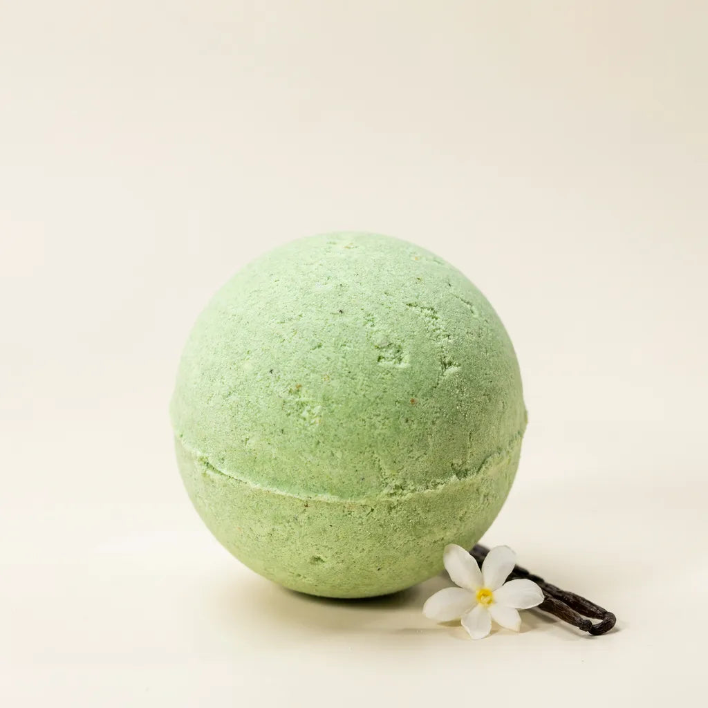 Vanilla Jasmine mugwort bath bomb, mint green with jasmine flower